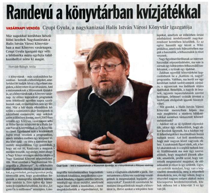 Vasárnapi Zalai Hírlap 2008.10.12. 041sz 03old - Randevú a könyvtárban kvízjátékkal.jpg Vasárnapi Zalai Hírlap 2008.10.12. 041sz 03old - Randevú a könyvtárban kvízjátékkal.jpg