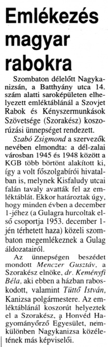 Zalai Hírlap 1997 12 01 16old - Emlékezés magyar rabokra.jpg Zalai Hírlap 1997 12 01 16old - Emlékezés magyar rabokra.jpg