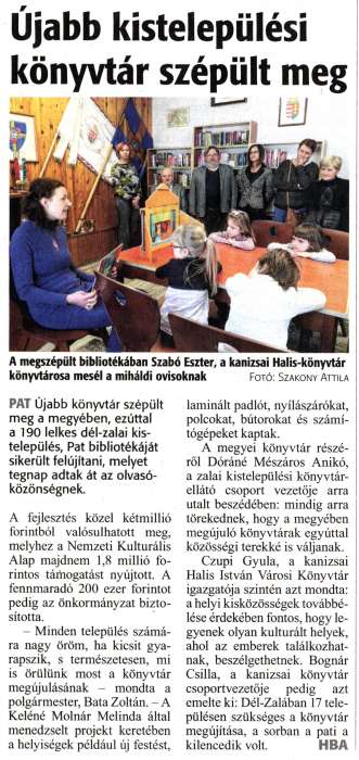 Zalai Hírlap 2018 12 01 279sz 16old - Újabb kistelepülési könyvtár szépült meg.jpg Zalai Hírlap 2018 12 01 279sz 16old - Újabb kistelepülési könyvtár szépült meg.jpg