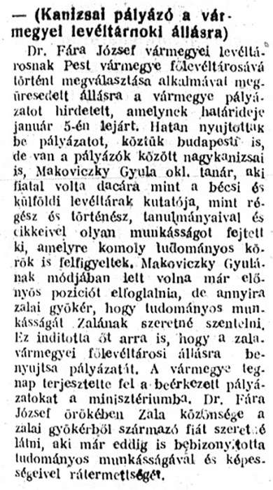 Zalai Közlöny 1939 01 14 011sz 05old - Kanizsai pályázó a vármegyei levéltárnoki állásra.jpg Zalai Közlöny 1939 01 14 011sz 05old - Kanizsai pályázó a vármegyei levéltárnoki állásra.jpg